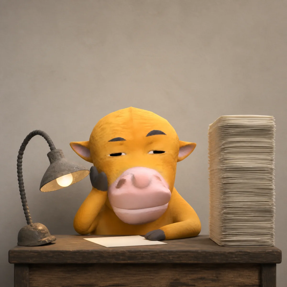 Original yellow cow working late in a cluttered office