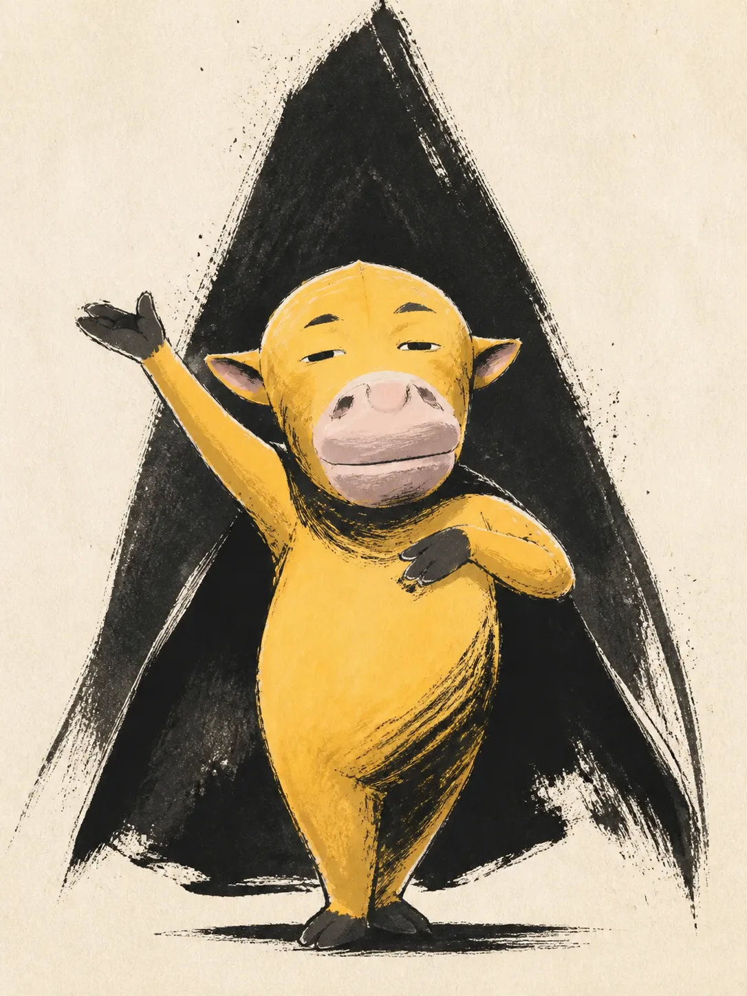 Original yellow cow posed inside a rough black ink triangle