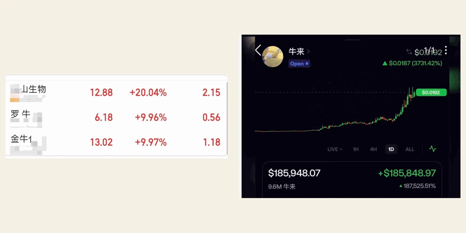 “万物皆可牛来”延伸到股票名称与 Web3 截图
