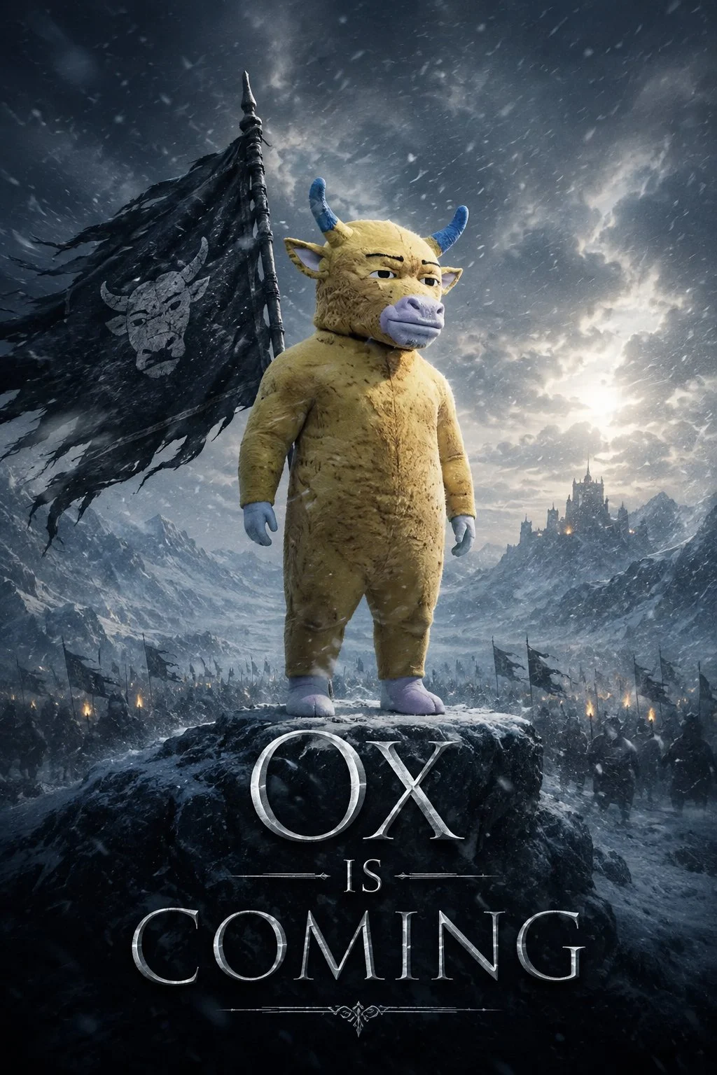 A yellow cow carrying a bull banner across a snowy battlefield with the words OX IS COMING